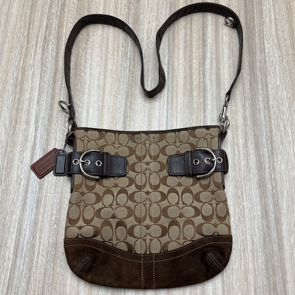 Coach Signature Soho Purse Brown & Tan Stitching Monogram Brown Suede # 3574